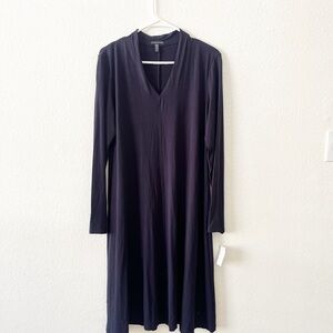 NEW Eileen Fisher Jersey Navy Blue V Neck Dress Medium MIDI